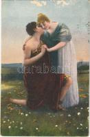 Frühlingsgeflüster / Gently erotic lady art postcard. Salon J.P.P. 2084. s: Lingner (felületi sérülés / surface damage)