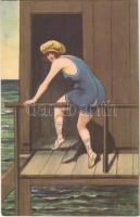 Gently erotic lady art postcard, opened swimsuit on the beach. L&P. 1248. s: Arthur Thiele (fl)