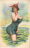 Gently erotic lady art postcard, on the beach. L&P. 1277. s: Arthur Thiele (EB)