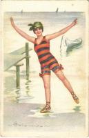 Italian lady art postcard, lady in swimsuit on the beach. 1677-4. s: Colombo (EB)