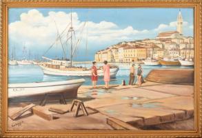 Korponai P. 1975 jelzéssel: Mediterrán kikötő. Olaj, vászon. Fa keretben. 65x99 cm