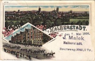 1898 (Vorläufer) Halberstadt, Spiegelstrasse, Die Bismark Kürassiere / street, military parade, Cuirassiers (fl)