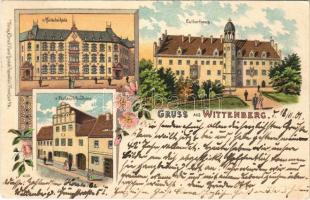 1901 Wittenberg, Mittelschule, Lutherhaus, Melanchthonhaus / school, villas. Kunstanstalt Rosenblatt Art Nouveau, floral, litho (EK)