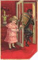 1910 Krampus with little girl and Saint Nicholas doll. M.S.i.B. 13732. litho (EM)