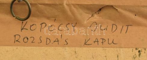 Kopócsy Judit (1947-): Rozsdás kapu. Olaj, papír, jelzett, hátoldalán autográf felirattal, üvegezett...