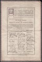 1917 Budapesti Kereskedelmi Akadémia 1916-1917. évben érettségizett tanulói által aláírt emléklap, rajta: találkozunk 1927. pünkösd vasárnapján, hajtásnyommal.