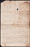 2 db Judaika tétel: héber kézirat 4 oldalon a XIX. sz-ból + 1939 felavatási ünnepség meghívó. gyűröt...