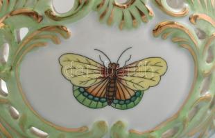 Herendi Viktória mintás áttört kosár, kézzel festett, jelzet, kopásnyomokkal, 10×14 cm