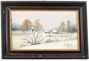 Olvashatatlan jelzéssel: Téli táj. Olaj, farost. Dekoratív fa keretben. 15x25 cm