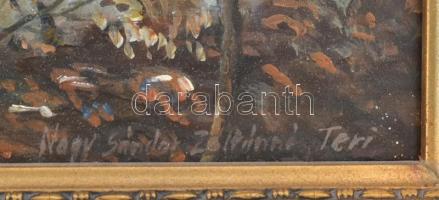 Nagy Sándor Zoltánné Teri jelzéssel: Havas táj. Olaj, falemez. Dekoratív, sérült fa keretben. 30,5x8...