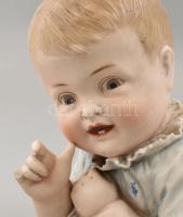 Biszkvit porcelán baba, jelzés nélkül, kézzel festett, nyakánál gyári repedéssel, lepattanással, h: ...