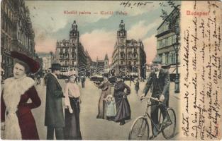 1905 Budapest V. Klotild palota, épülő Erzsébet híd a háttérben, Magyar Bútoráruház. Kl.V. Bp. 24. Montázs hölgyekkel és urakkal és kerékpárossal (EK)
