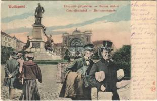 1907 Budapest Központi (Keleti) pályaudvar, Baross szobor. Kl.V. Bp. 28. Montázs hölgyekkel és urakkal
