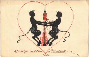 1918 Szívélyes üdvözletet a Mikulástól. Krampuszok, kézzel rajzolt / Krampus greeting hand-drawn art postcard (EK)