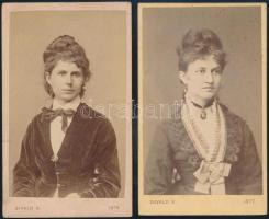 cca 1876-1877 Hölgyportrék, 2 db keményhátú műtermi fotó Divald Károly műterméből, 10×6 cm
