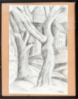 Pittner jelzéssel: Házak a fák mögött. Kréta, papír, üvegezett fa keretben, 42×29,5 cm