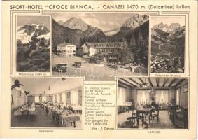 Canazei (Südtirol), Sport-Hotel Croce Bianca Marmolata, Dolomiten Strasse, Speisesaal, Lesesaal / hotel, automobile, dining room, mountain peak (EK)