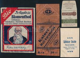 6 db régi gyógyszeres tasak és levelezőlap (Kaiser-féle mellkaramellák, Aspirin, Biomenthol, Reorgin)