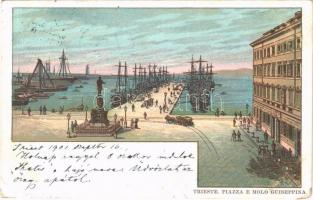 1901 Trieste, Trst; Piazza e Molo Guiseppina / square, port, horse-drawn tram. litho (worn corners)