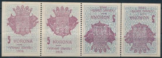 1916 Székesfehérvár 5K négyescsík, részleges gépszínátnyomattal / fiscal stamp stripe of 4, partial machine offset