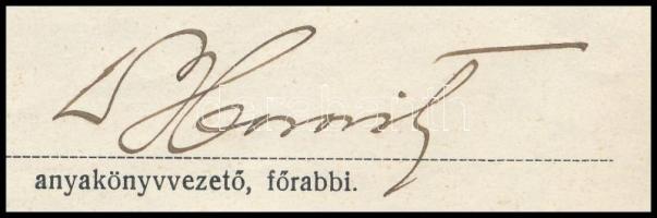 1939 Szombathely, Kivonat az izraelita hitközség anyakönyvéből, főrabbi aláírásával