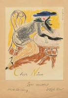 Végh Dezső (1897-1972): Chez Nina. Kréta, tus, papír, papírra kasírozva, jelzett, ajándékozási sorokkal 1954 karácsonyán, 20,5×16,5 cm