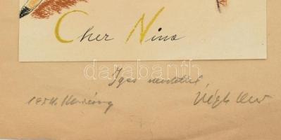 Végh Dezső (1897-1972): Chez Nina. Kréta, tus, papír, papírra kasírozva, jelzett, ajándékozási sorok...
