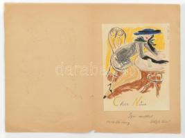 Végh Dezső (1897-1972): Chez Nina. Kréta, tus, papír, papírra kasírozva, jelzett, ajándékozási sorok...