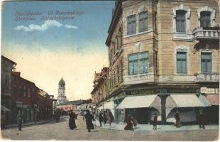 1916 Ivano-Frankivsk, Stanislawów, Stanislau; Ul. Karpinskiego / Karpinskigasse / street view, shop of Emil Stauber + M. kir. IV/30. népf. Hadtápzászlóalj (EK)