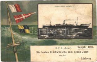 RPD Zieten Norddeutscher Lloyd Bremen. Die beste Glückwünsche zum neuen Jahre / German steamship with New Year greeting. litho (EB)