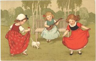 1914 Children art postcard, girls with cat. Meissner & Buch Künstler-Postkarten Serie 1985. Kindlichessen