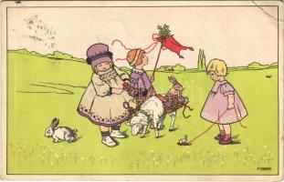 1911 Easter greeting art postcard with children, rabbit and sheep. M. Munk Vienne Nr. 572. s: P. Ebner (EK)