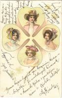 1902 Lady art postcard, clover. Serie 707. No. 4. Art Nouveau, litho (EK)