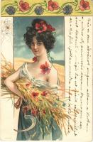 Lady art postcard, harvest, spider web. Serie 366. Art Nouveau, floral, litho (EK)