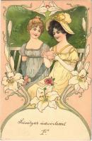 Lady art postcard. No. 744. Art Nouveau, floral, litho