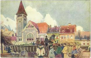 Pozsony, Pressburg, Bratislava; Kalvinsky kostol na Námestí Republiky / Die ev. ref. Kirche auf dem Republikplatz / Református templom a Köztársaság téren, piac / Calvinist church, market vendors. "Minerva" Praha 2153. s: K. Cerny (EK)