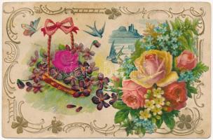 Art Nouveau, floral, Emb. litho greeting art postcard with silk (fl)
