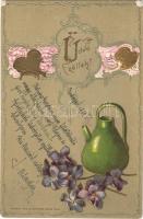 1900 Üdvözöllek! / Art Nouveau, floral, Emb. litho greeting art postcard (lyuk / pinhole)