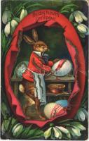 1914 Boldog húsvéti ünnepeket / Easter greeting art postcard, rabbit painting eggs. litho (EK)