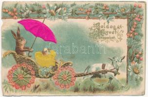 Boldog Húsvéti ünnepeket / Easter greeting art postcard, rabbit with sheep-drawn carriage. Art Nouveau, floral, Emb. litho with silk (b)