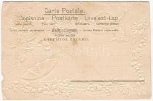 Boldog Húsvéti ünnepeket / Easter greeting art postcard, rabbit with sheep-drawn carriage. Art Nouve...