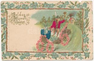 Boldog Húsvéti ünnepeket / Easter greeting art postcard, rabbits. Art Nouveau, floral, Emb. litho with silk (b)