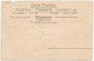 Boldog Húsvéti ünnepeket / Easter greeting art postcard, rabbits. Art Nouveau, floral, Emb. litho wi...