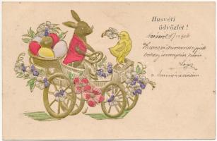 1906 Húsvéti üdvözlet! / Easter greeting art postcard, rabbit with eggs. Floral, Emb. litho (fl)