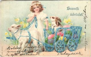 1904 Húsvéti üdvözlet / Easter greeting art postcard, girl with sheep, rabbit and eggs. litho (EK)