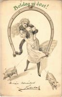 1902 Boldog Újévet! / New Year greeting art postcard, lady with pigs and horseshoe (EK)