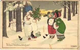 1912 Frohes Weihnachtsfest! / Christmas greeting art postcard with snowman, angels and children. M. Munk Vienne Nr. 694. s: P. Ebner (EK)