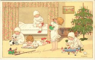 1913 Boldog karácsonyi ünnepeket / Christmas greeting art postcard with children and toys. M. Munk Wien Nr. 987. s: P. Ebner
