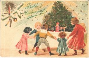 Boldog Karácsonyt! / Christmas greeting art postcard, children dancing around the Christmas tree. Emb. litho (EK)