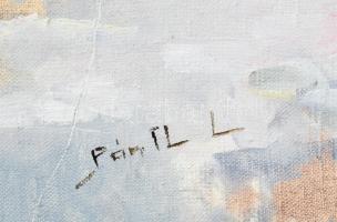 Pántl László (1943-): Téli fények. Olaj, vászon, jelzett. Kissé kopott fa keretben. 50x100 cm